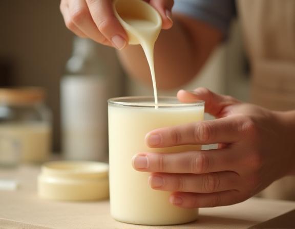 Manos de una artesana vertiendo cera de soja líquida en un recipiente de vela, con atención al detalle.